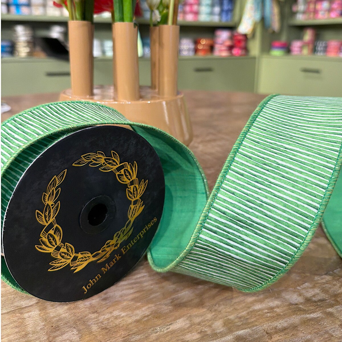 Mini Stripe Dupion Fused Green