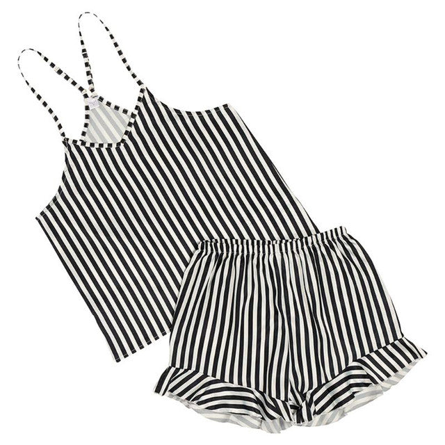 Cami+Velvet Ruffled Short-Black Stripe