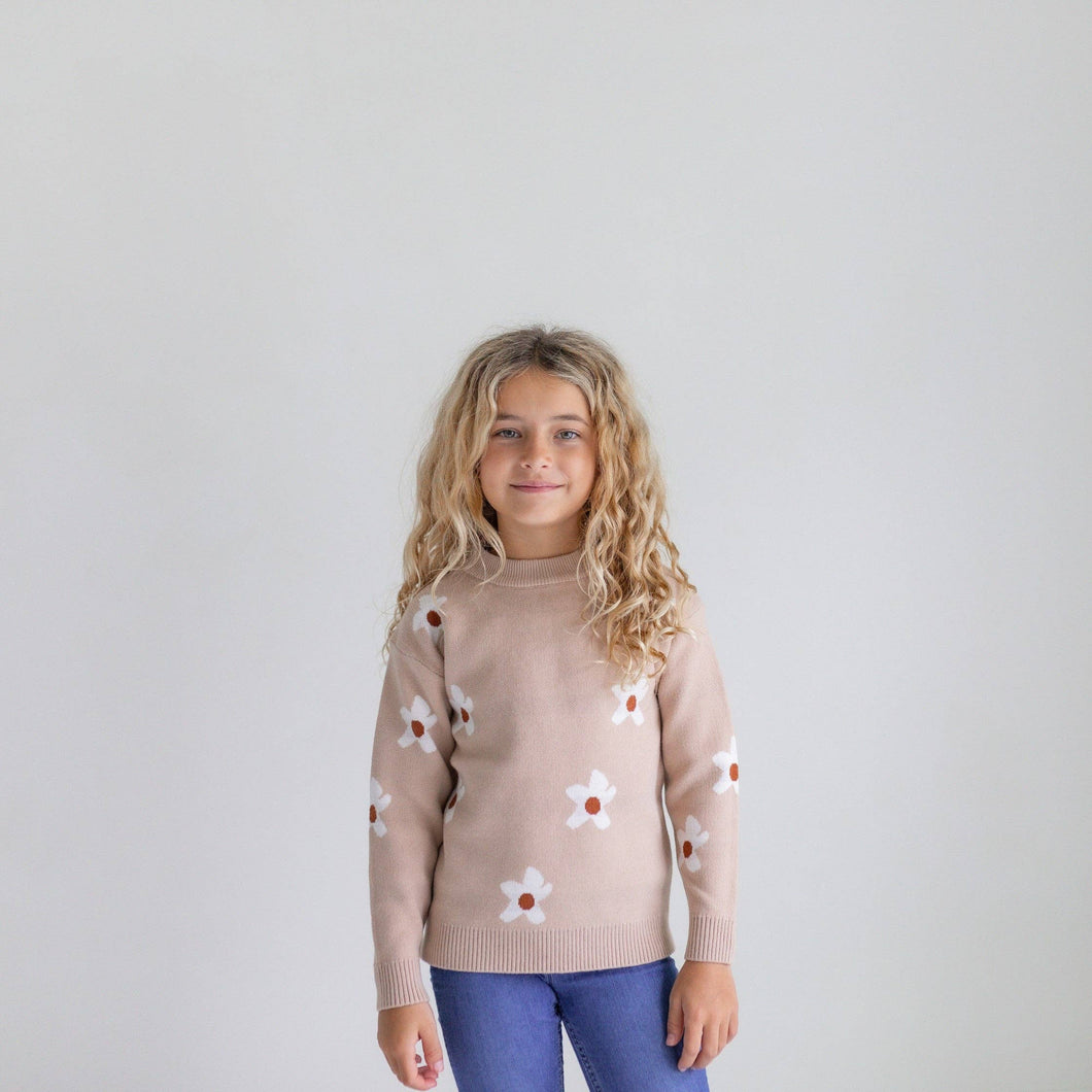 Beige Flower Crew Neck Sweater