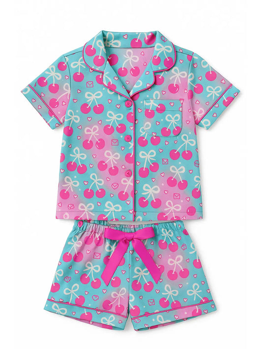 Cherries Short Sleeve Satin Pajama Short Set