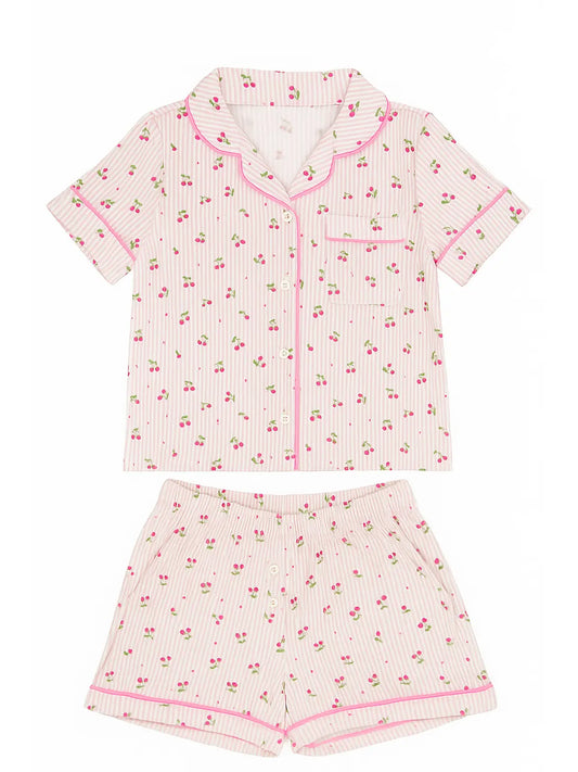 Cherry Stripes Jersey Short Sleeve Pj Set