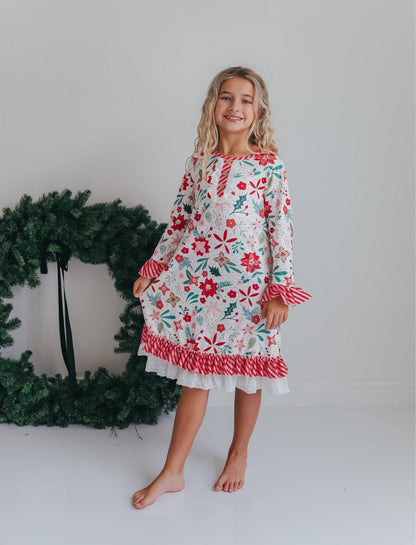 Girls-Poinsettia Ruffle Pajama