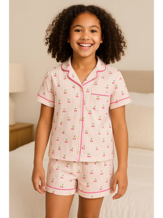 Cherry Stripes Jersey Short Sleeve Pj Set