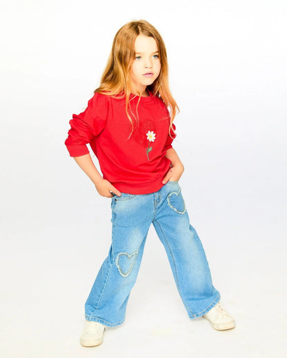 Wide Leg Frayed Heart Jeans