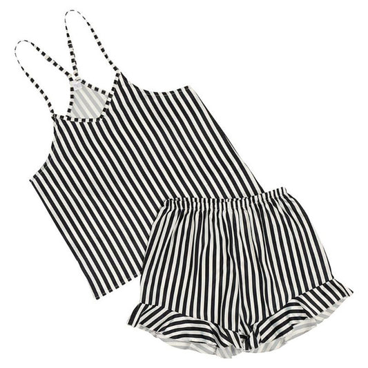 Cami+Velvet Ruffled Short-Black Stripe