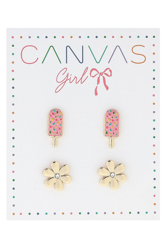 Lena Popsicle & Rhinestone Flower Children's Studs Set