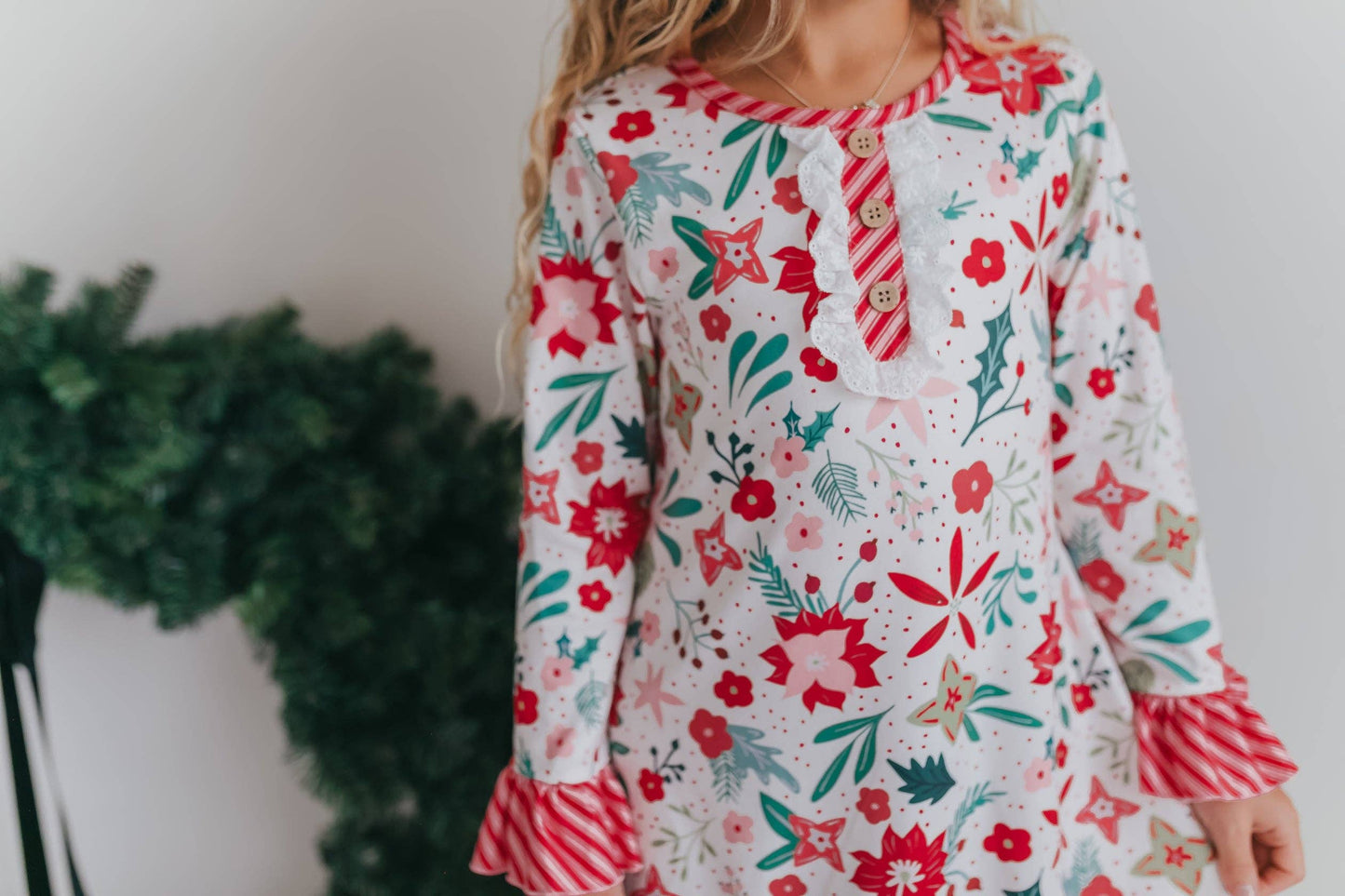 Girls-Poinsettia Ruffle Pajama