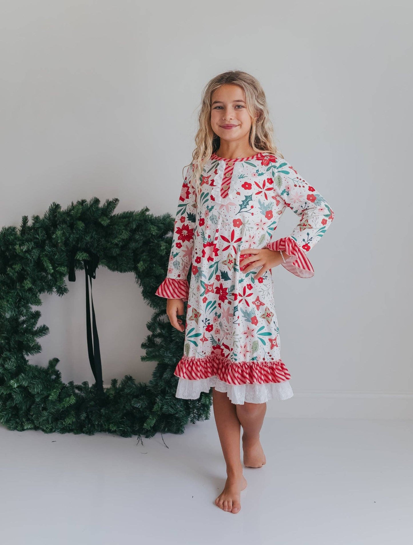 Girls-Poinsettia Ruffle Pajama
