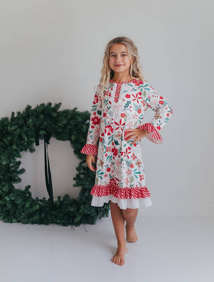 Girls-Poinsettia Ruffle Pajama