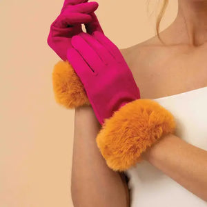 Suede-Fur Gloves-Magenta/Mustard