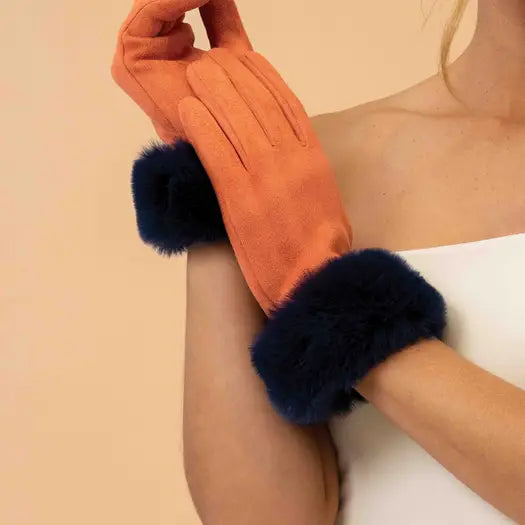 Suede/Fur Gloves-Tangerine/Navy