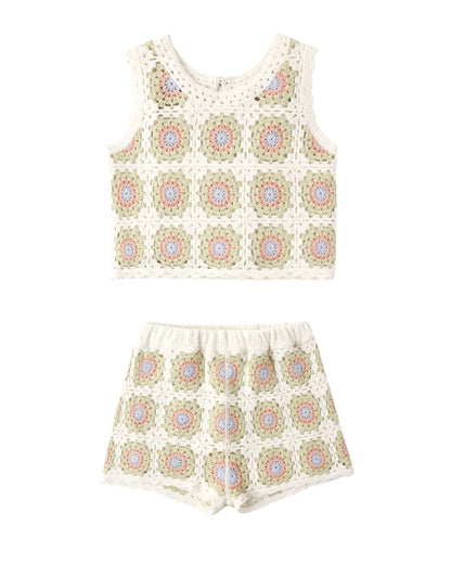 Citron Daisy Check Crochet Short Set