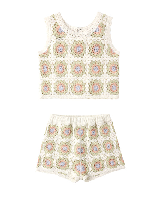 Citron Daisy Check Crochet Short Set