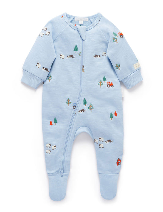 Organic Embroidered Fleece Tractor Footie