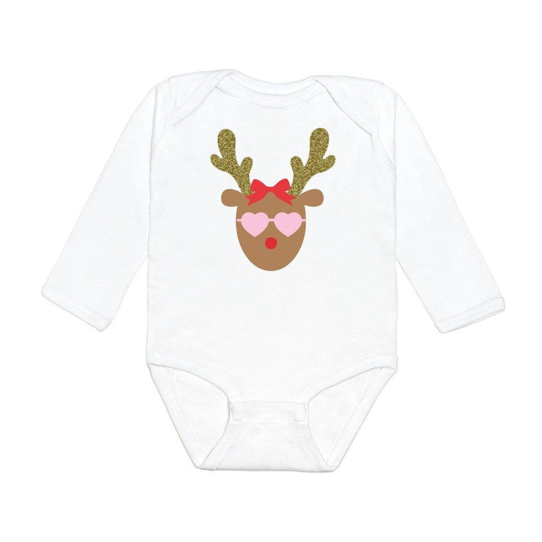 Girly Reindeer Long Sleeve Bodysuit - Christmas Baby