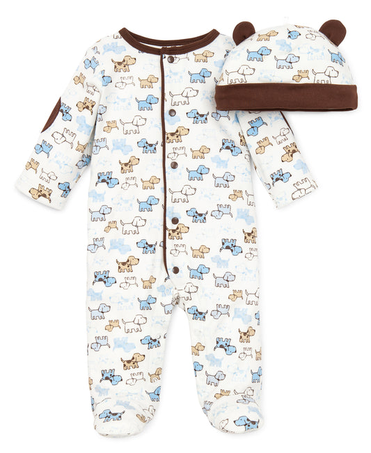 Little Me Blue/Tan Dog Footie W/Hat